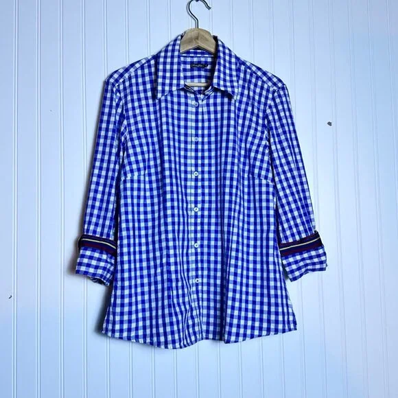 J. McLaughlin Women 12 Check Plaid White Blue Button Down Cotton Casual Shirt - Picture 8 of 8